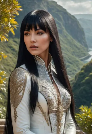 Detailed portrait of a beautiful woman with long straight black hair and wispy bangs, dressed in ornate white leather, set against a lush mountainous landscape with cinematic lighting.