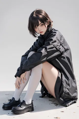 A photorealistic image of a girl with short brown hair and red eyes sitting on the ground. She wears a loose black jacket, white thigh-high stockings, and black loafers, with a hair ornament and a mole under her eye.
