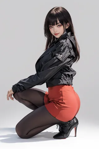 Photorealistic image of a girl with long black hair wearing a black jacket, red high-waist skirt, black pantyhose, and black high heels, kneeling on one knee against a white background, smiling and looking to the side.