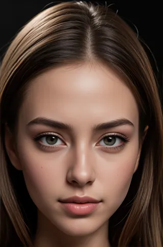 Close-up portrait of a young woman with highly detailed face, eyes, and skin captured in high resolution against a dark background.
