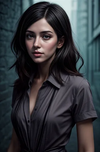 A realistic digital portrait of a young woman with medium-length dark hair, wearing a gray button-up shirt, depicted with soft lighting and detailed shading.