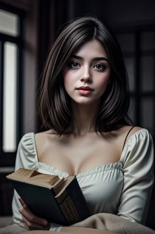 Portrait of a beautiful young woman with medium-length dark hair, wearing a white off-shoulder top, holding an open book indoors.