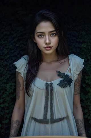Retrato de uma mulher com tatuagens detalhadas nos braços vestindo um vestido branco com detalhes florais, em frente a um fundo escuro e folhoso.