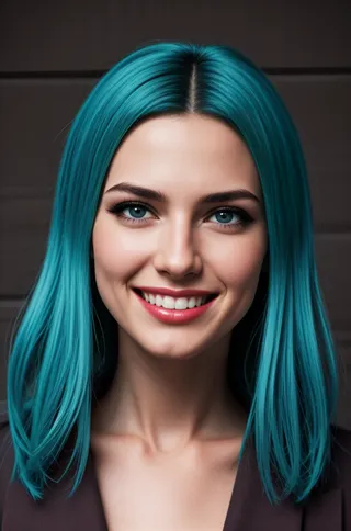 Portrait of a slender woman with long blue hair, blue eyes, smiling with eyeliner and eye shadow, showcasing a perfect, beautiful face.