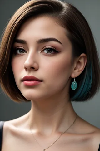 High-quality portrait of a young woman with short brown hair featuring teal highlights, black eyes, wearing earrings and a necklace, against a gray backdrop.
