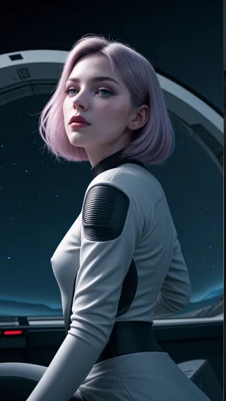Junge weibliche Astronautin mit violettem Bob-Haar in einem schlanken futuristischen Anzug im Raumschiff-Cockpit, schaut über ihre Schulter zum Betrachter vor einem sternklaren Weltraumhintergrund.