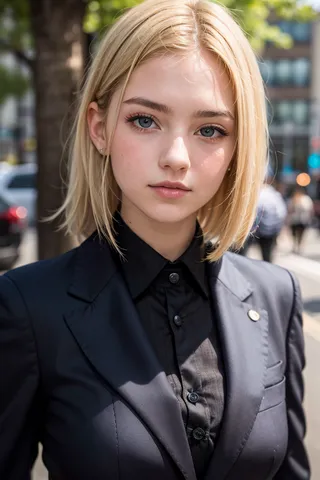 Portrait of a young European woman with blonde hair in a black business suit, sharp focus on her face, standing outdoors with an urban blurred background.