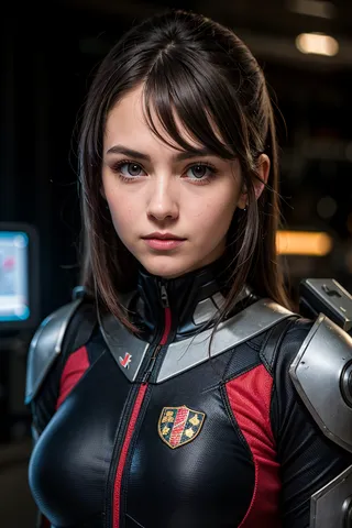 Closeup portrait of a European woman wearing a black and red sci-fi battle suit with metallic armor on shoulders, looking directly at the camera with a serious expression.