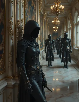 A female assassin dressed in sleek black stealth clothing stands concealed against a marble column in an ornate royal palace corridor with ceremonial guards in black armor patrolling in the background.