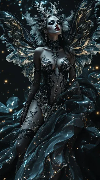 A mystical woman adorned with intricate moth-inspired makeup and body art, featuring ornate, feathery moth wings, dark flowing attire with shimmering silver accents, glowing softly in a dark fantasy setting.