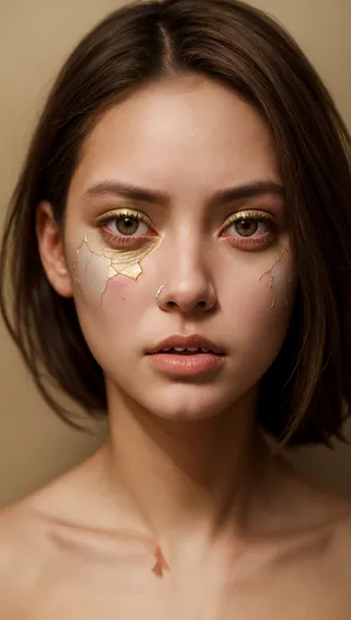Retrato em close de uma mulher com efeito de pele rachada e maquiagem dourada ao redor dos olhos, olhando diretamente para o observador.