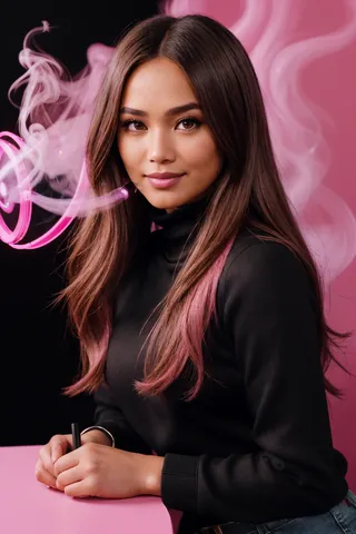 Retrato close-up de uma mulher com cabelo castanho e pontas rosas, vestindo um moletom preto, contra um fundo preto e rosa com fumaça volumétrica rosa e reflexo de lente rosa.