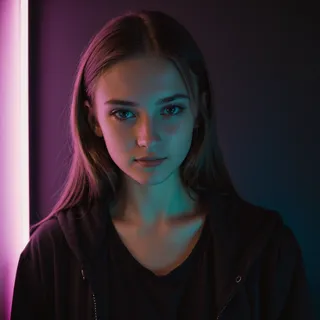 Portrait of an 18-year-old young woman illuminated by cinematic neon light with soft professional lighting on a dark indoor background