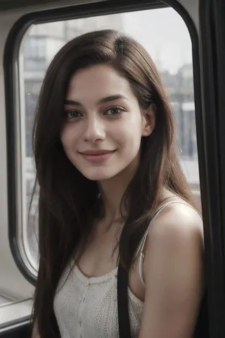 Photorealistic portrait of a smiling woman in her twenties with straight dark hair and dark eyes, sitting candidly on a train with dim lighting.