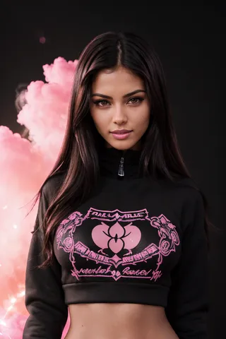 Close-up headshot of a brunette woman wearing a black sweatshirt with a pink graphic design, surrounded by volumetric pink smoke and pink lens flare on a black background.