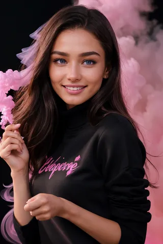 Close-up headshot of a brunette woman with blue eyes wearing a black sweatshirt, smiling against a black backdrop with pink volumetric smoke and pink lens flare.