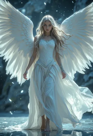 Ethereal fallen angel with long silver-white hair, bright blue eyes, and delicate facial features stands centered with massive white wings fully extended, dressed in flowing baroque-style white gown, barefoot with white fibers drifting off feet.