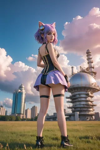 A full body hyperrealistic photograph of a catgirl with purple and sunset-highlighted hair, wearing a steampunk-inspired outfit, standing in a grassland with futuristic architecture and a blue sky with clouds.
