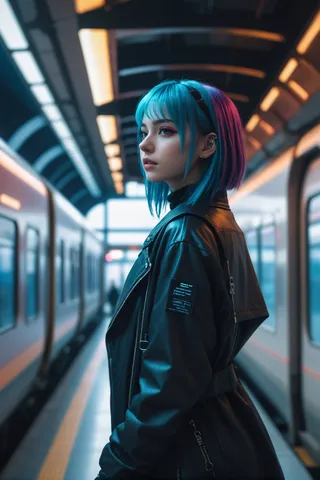 A cyberpunk-style woman with blue and purple hair stands at a brightly lit train station, dressed in a black leather jacket, with cinematic color grading and hyperrealistic details.