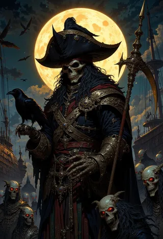 A skeleton pirate wearing ornate, tattered dark clothing and a large hat holds a scythe with a raven perched on his gloved hand, surrounded by glowing red-eyed zombie skeletons under a glowing full moon.