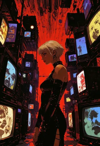 Digital artwork of a cyberpunk woman with short blonde hair wearing a sleek black dress standing in a room filled with old CRT televisions showing abstract images, set against a vivid red background.