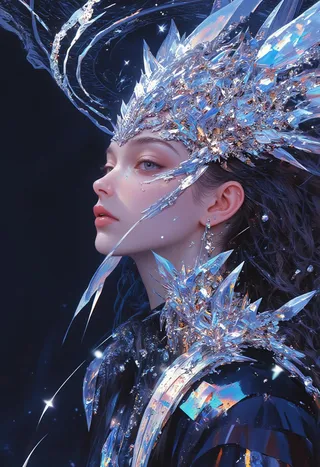 Primo piano di una donna che indossa un complesso copricapo di cristallo con forme angolari e taglienti, illuminato da luce blu in un ambiente da studio.