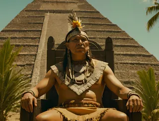 Native American Aztec tribe leader sitting on a throne with Aztec pyramid and palm trees in the background under cinematic lighting.