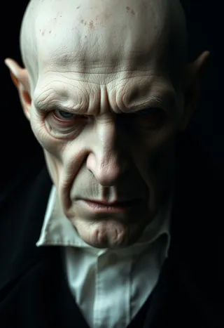 Ultra realistic close-up headshot of Nosferatu vampire with pale skin and dramatic lighting against a simple black background wearing a black coat.