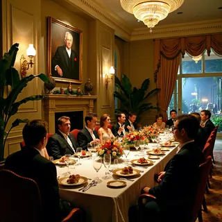 A grand luxurious dining hall featuring a long table with exotic seafood dishes, tropical plants, tycoons and bureaucrats in formal wear, and a large dictator portrait illuminated above a fireplace.