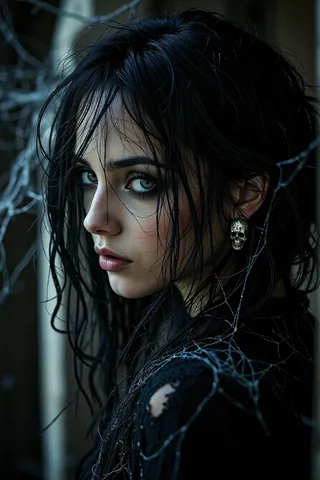 Portrait of a gothic woman with long messy black hair, wrapped in ancient spider webs, wearing skull earrings, and dark makeup with harsh shadows.