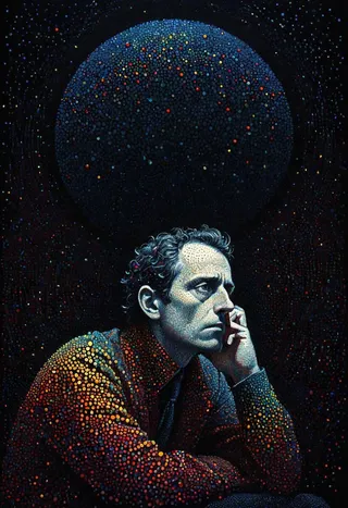 A pointillism artwork depicting a tormented genius in deep contemplation, surrounded by microdots against a deep dark background with minimal color usage.