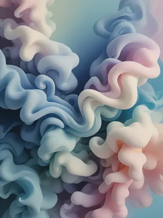 Soft abstract gradient wallpaper with swirling shapes in shades of blue and marshmallow colors, rendered with shallow focus.