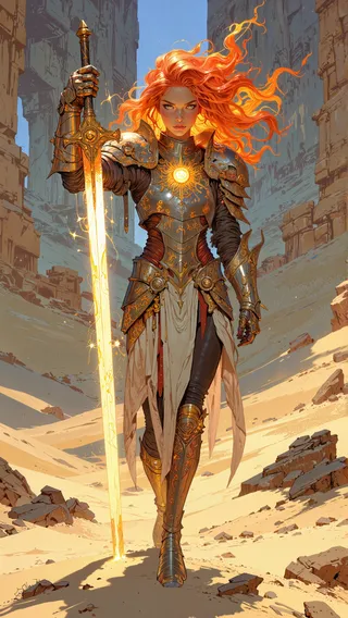 A fierce Fire Genasi Sun Paladin stands in a sunlit desert canyon, wielding a glowing fiery longsword and clad in intricate golden armor with radiant sun motifs.