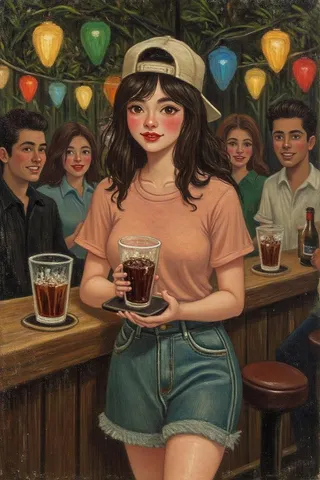 A young barmaid wearing a peach T-shirt, denim shorts, and a backwards baseball cap, holding a glass of coke on a tray in a lively bar with colorful lanterns and patrons.