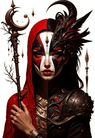 A mystical woman with red and black geometric butterfly mask face paint, dark crimson hair in a ponytail with golden accents, holding an ornate crescent moon staff, wearing black and gold armor with intricate details.