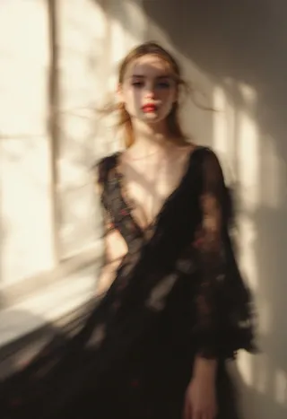 A blurred model stands near a window with soft, diffused light streaming through, wearing a flowing black dress with subtle red accents, enhanced film grain adds a vintage feel.