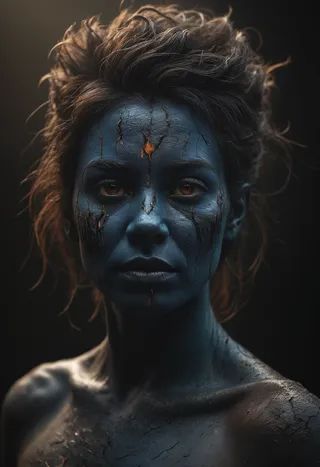 Close-up portrait of a woman with highly detailed blue skin and charred cracks, featuring soft filmic lighting and chiaroscuro effect.