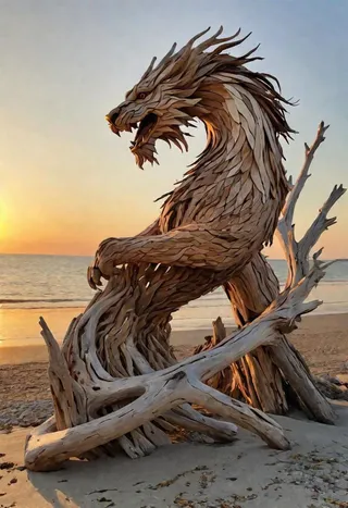 Photorealistic driftwood sculpture resembling a dragon on a sandy shore during sunset with the sea in the background.
