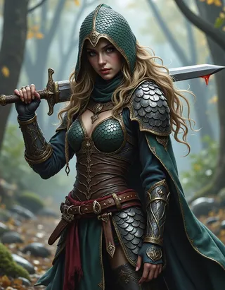 A blonde-haired female rogue in metal snake-scale armor and hood, holding a bloodied sword over her shoulder in a forest.