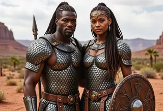 A man and woman in metallic snake scale armor with bulky pauldrons and cobra frill headdresses standing in a desert with red rock formations and brachiosaurs in the background
