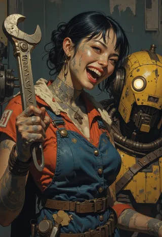 Close-up digital steampunk illustration of a happy Asian female mechanic covered in grease holding a large wrench, standing next to a yellow robot with a lit eye, set in a mechanic workshop.