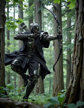CGI rendering of SentinelBot, a futuristic warrior clad in black high-tech armor, drawing a bow and arrow in a green forest setting.