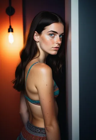 Portrait of a tall young woman with black hair and freckles, wearing a bandana top and summer skirt, standing sideways in a dimly lit room with vivid colors