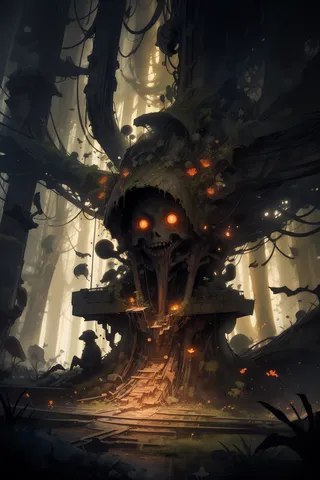 A dark forest scene with a giant skull-shaped treehouse emitting orange glowing eyes and surrounded by neon flowers and firelight.