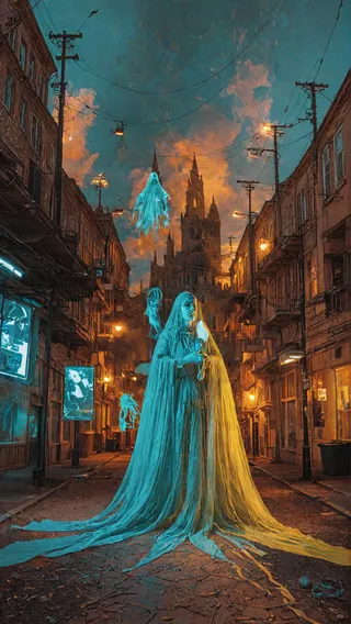A ghostly figure with long flowing robes glowing in blue and yellow stands in a dimly lit urban street, surrounded by floating ghost images and illuminated by orange streetlights under a stormy sky.