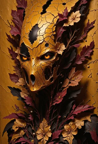 A detailed cracked golden mask with bright orange eyes surrounded by dark and golden leaves and flowers against a textured orange background.