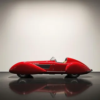 어두운 무광 바닥에 반사가 있는 빨간 1939년형 알파 로메오 6C 2500 SS Berlinetta Aerodinamica 자동차의 측면 프로필을 단순한 전시 조명과 함께 표현한 미니멀리스트 산업 스타일 포스터.