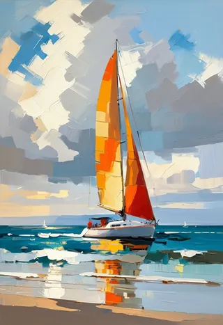 Brightly colored sailboat with orange and red sails sailing on the sea under a cloudy sky in an impressionist Scandinavian style with bold brushstrokes.