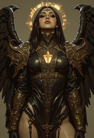 A fallen angel with majestic blackened wings and a glowing golden halo, wearing intricate dark armor with ornate golden details, depicted in a gothic style.
