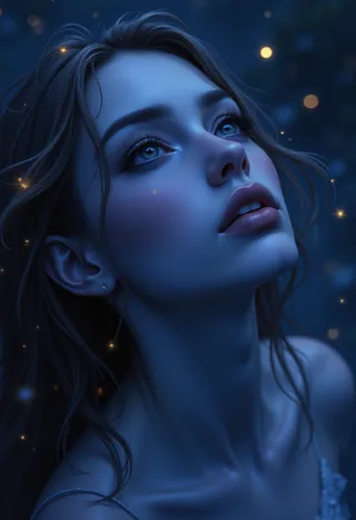 A high-angle hyperrealistic portrait of a serene woman with midnight-blue skin and flowing molten-gold hair, illuminated by glowing embers in a celestial dreamlike setting.